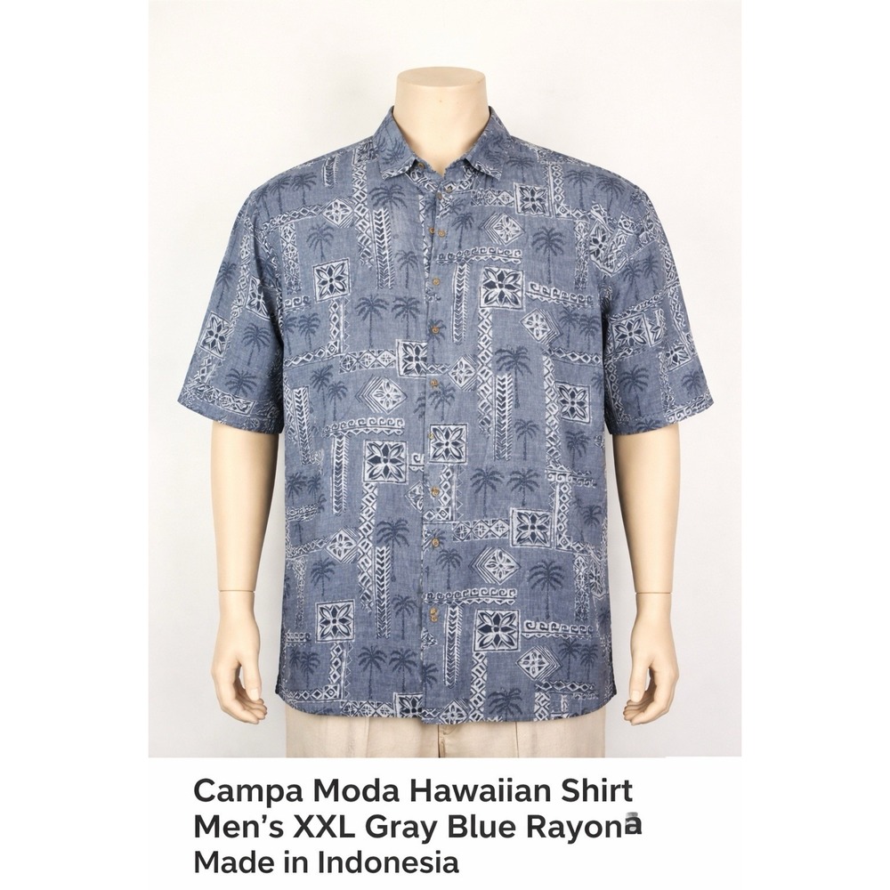 Campa Moda Hawaiian Shirt Men's XXL Blue Gray Tropical Palm Print Rayon